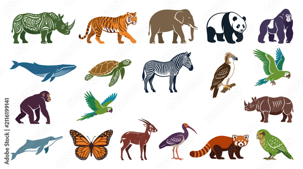 Obraz premium Diverse Exotic Animals Collection Flat Vector Icons