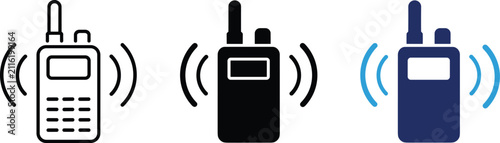 Obraz na płótnie Three radio transceiver icons with signal waves in outline solid black and blue