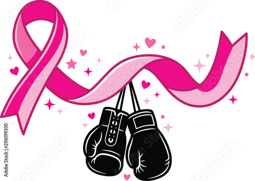 Breast cancer awareness halloween vector illustration featuring a pink ribbon and boxing gloves for a strong fight against cancer