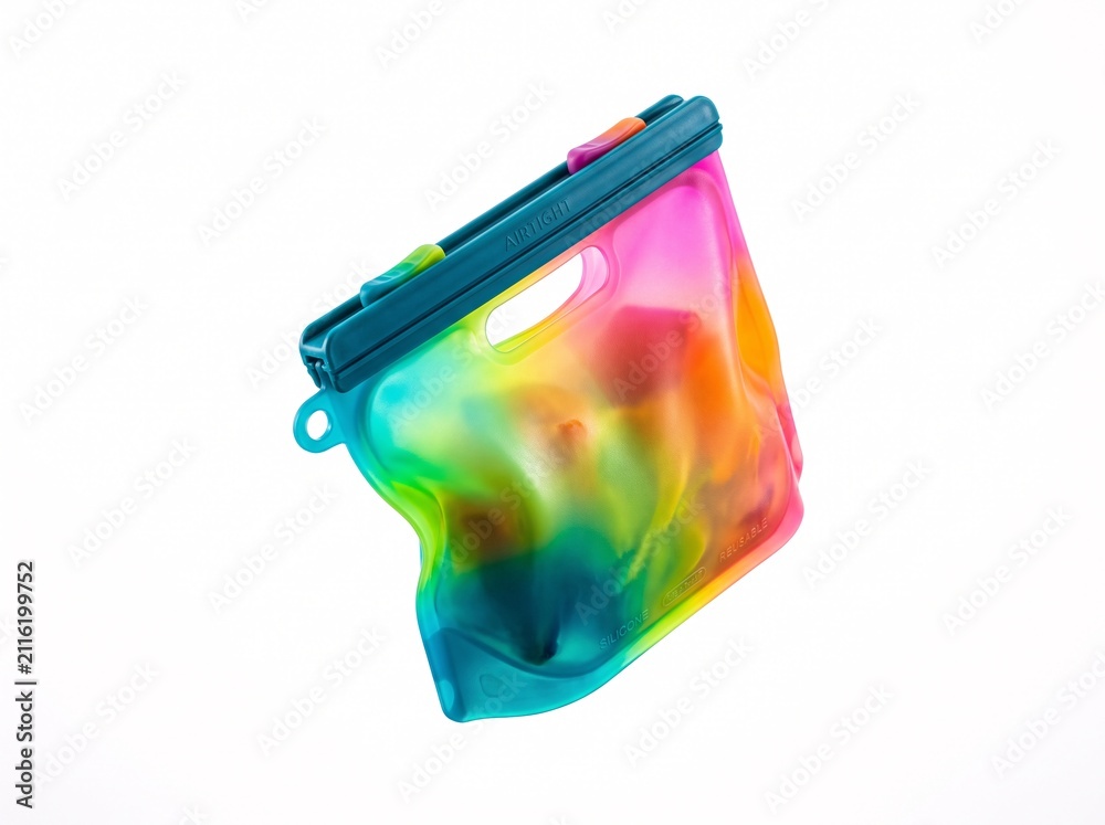 Obraz premium A reusable, eco-friendly silicone food storage bag with a vibrant tie-dye rainbow pattern and airtight seal, isolated on a white background for sustainable kitchen and lifestyle concepts.