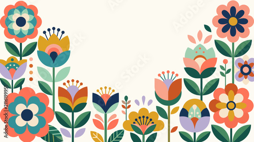 Abstract floral background with vibrant flat vector flowers in a symmetrical arrangement, featuring a clean cream backdrop and colorful botanical elements for modern design projects and spring themes.
