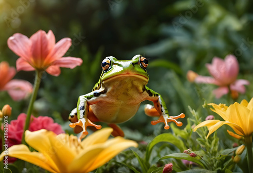Green tree frog in mid-jump...