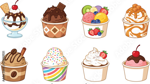 Fotografie Cartoon Ice Cream and Frozen Dessert Cups with Toppings and Colorful Decorations