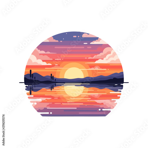 Flat vector illustration of a serene sunset over a calm lake