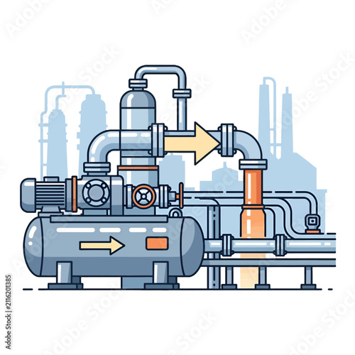 A vector illustration of an industrial processing plant with complex piping systems
