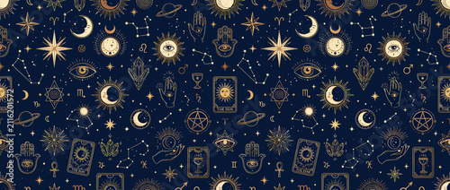 Fotografie Celestial Pattern with Mystical Symbols on Dark Blue