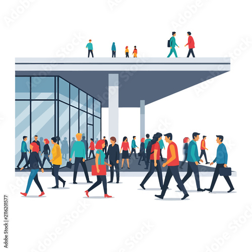 A diverse group of people walking near a modern glass office building