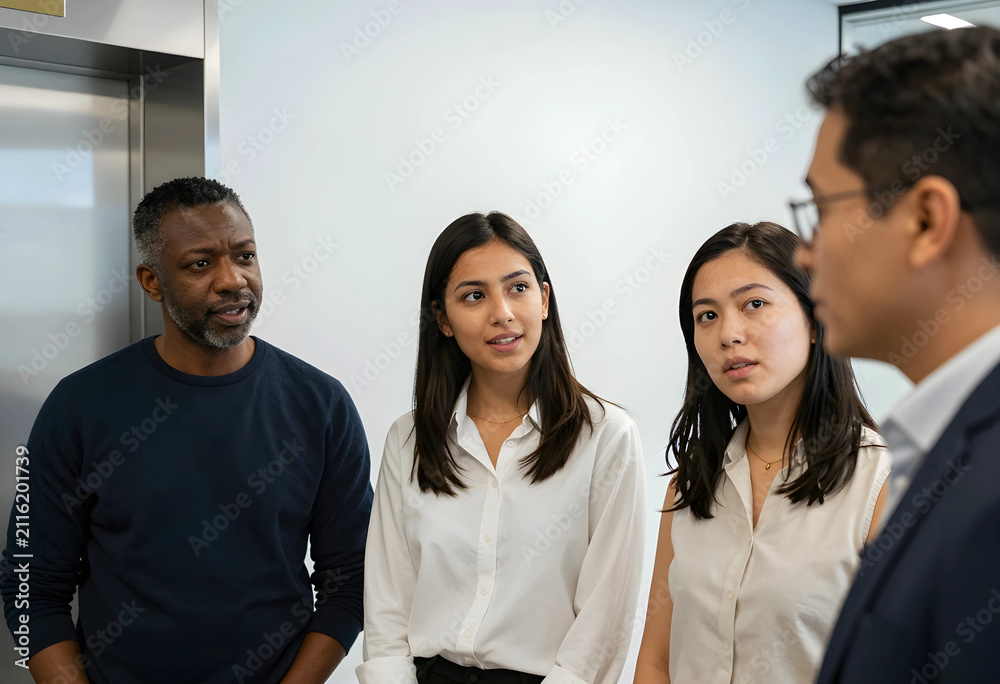 Fototapeta premium Diverse business professionals in a modern office setting, engaged in a discussion or meeting, collaboration and teamwork