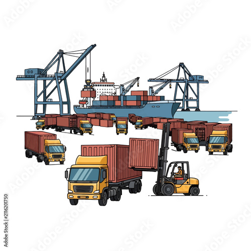 Illustration of a busy shipping port with cargo trucks and a container ship