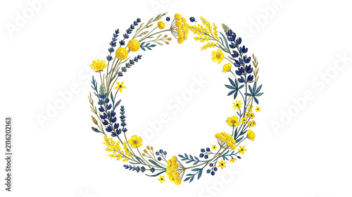 Watercolor Floral Wreath with Yellow and Blue Flowers