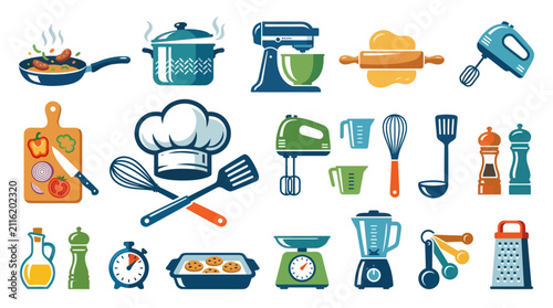 Flat Vector Kitchen Utensils, Cooking Tools, and Baking Appliances Icons Collection