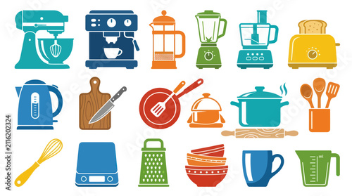 Colorful Flat Vector Icons Set of Modern Kitchen Appliances, Cooking Tools, and Utensils