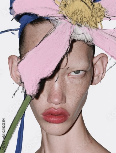 Woman's face with huge pink flower with pink petals, drawn in pencil, the flower covers half of the woman's face