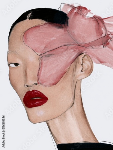 Woman's face with huge pink flower with pink petals, drawn in pencil, the flower covers half of the woman's face