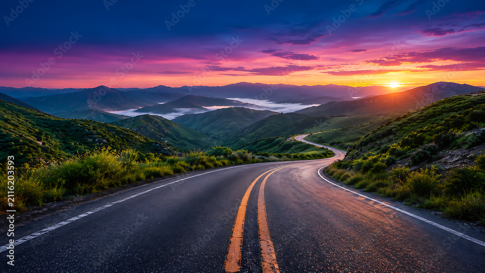 Obraz premium Winding asphalt road crosses verdant mountain valley beneath vibrant purple sunset sky offering scenic journey adventure freedom exploration and peaceful natural escape outdoors