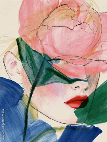 Woman's face with huge pink flower with pink petals, drawn in pencil, the flower covers half of the woman's face