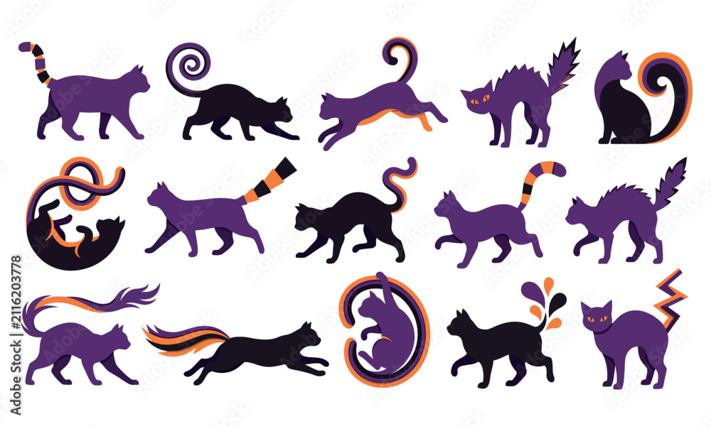 Obraz premium Stylized Halloween Cat Vector Set - Purple and Black Spooky Feline Silhouettes with Orange Tails