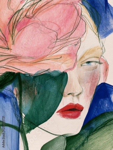 Woman's face with huge pink flower with pink petals, drawn in pencil, the flower covers half of the woman's face