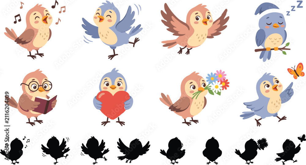 Naklejka premium Cartoon Birds in Color and Silhouette with Singing, Dancing, and Flying Poses