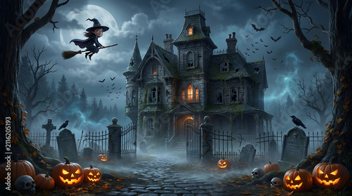 Haunted Gothic House and Graveyard Halloween Background