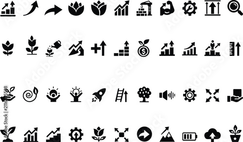 Growth solid icon set. Featuring sprout, scale, progress, develop, flourish, expand, advance, rise, battery, upgrade, grow, cultivate, evolve, thrive, boost, climb vector illustration. isolated on tra