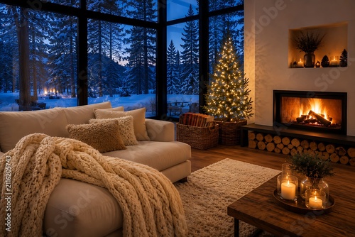 Cozy living room with glowing fireplace and Christmas tree during winter evening