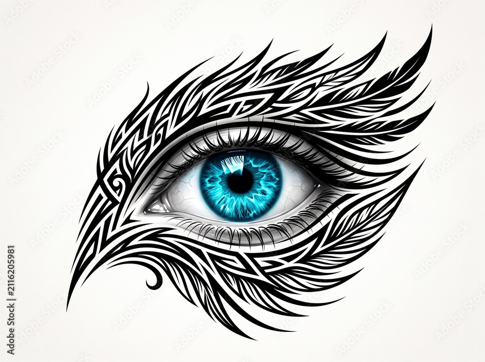 Obraz premium Blue eye with intricate black feather and wing design illustration