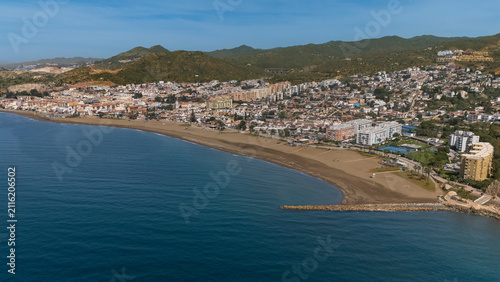 Drone aerial view of Rincón de la Victoria beach and Mediterranean coastline Spain