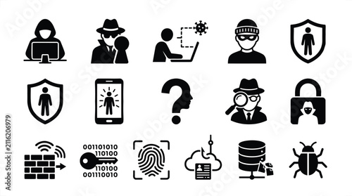 Bild auf Leinwand Set of black and white cybersecurity and hacking featuring hackers, digital thre
