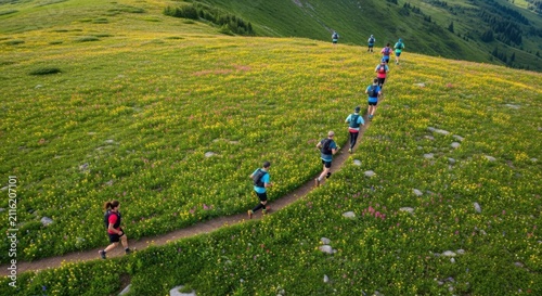 Trail Runners Ascend Scenic Mountain Path During Summer Day