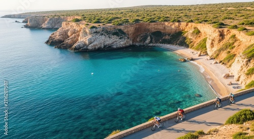 Two cyclists ride along a scenic coastal road next to the turquoise sea and cliffs