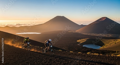 Two mountain bikers race downhill on a volcanic landscape at sunrise