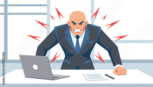 Angry bald boss in a suit standing over a laptop at his office desk with red lightning bolts indicating stress and frustration.