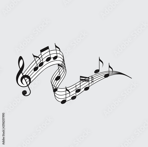 Flowing Music Notes and Staff Illustration, Black Silhouette Icon
