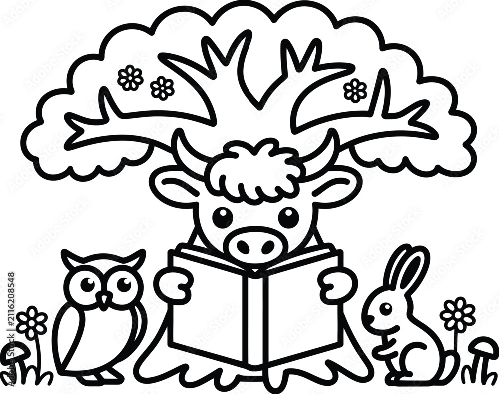 Fototapeta premium Cute little cow reading storybook under big tree with owl and rabbit coloring page illustration graphic vector for kids learning activity.