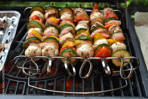 Grilled vegetable and chicken skewers