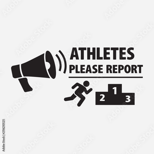 Athletes Report Announcement Silhouette Vector Icon Featuring Megaphone, Running Figure, and Podium for Sports Events and Commonwealth Projects