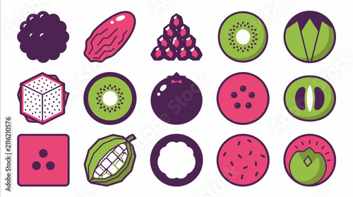 Collection of Various Round and Geometric Fruit Icons and Illustrations