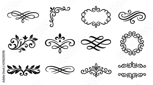 Set of vintage calligraphic flourishes and decorative floral dividers for elegant wedding invitations and stationery design elements