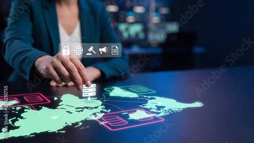 Data sovereignty and global cloud computing network concept with digital server icons on a world map interface