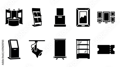 Exhibition and trade show booth equipment icons set featuring display stands signage and promotional furniture vector illustration