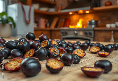 Fresh dark plums and halved...
