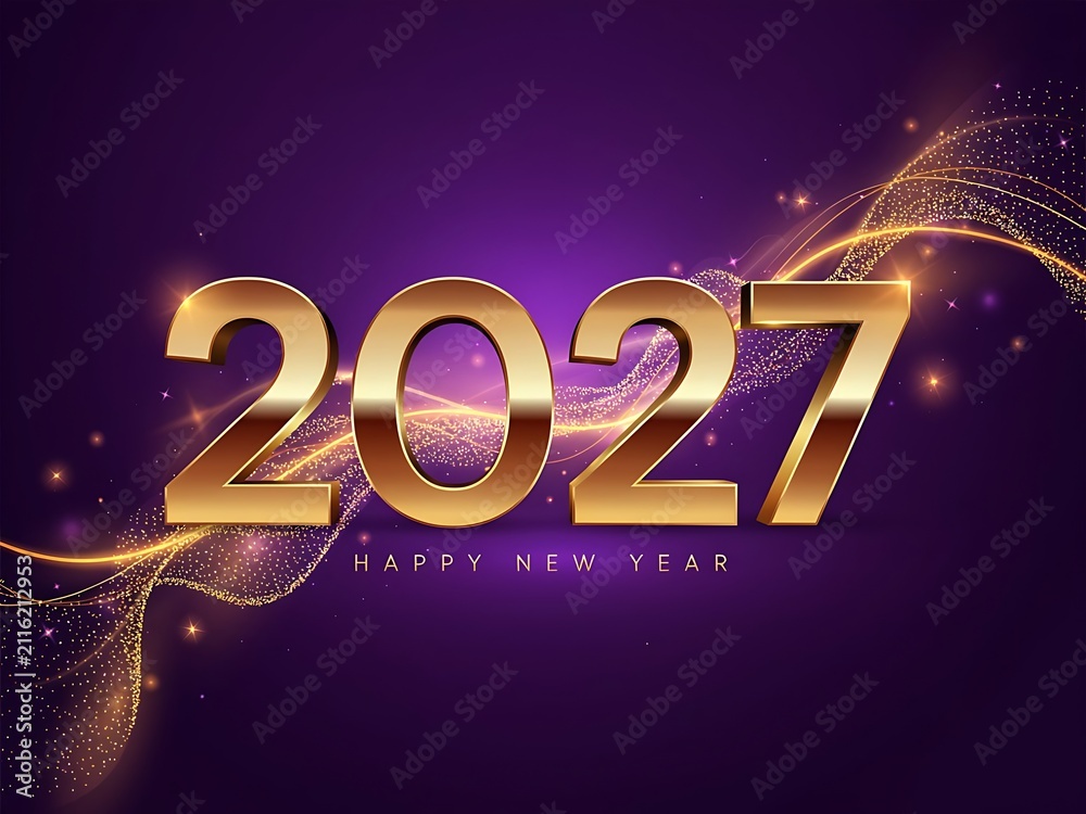Obraz premium Celebration of the New Year 2027 with large golden numbers and sparkling magical effects on a vibrant purple background emphasizing joy and festivities for the upcoming year
