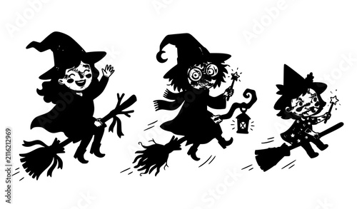 Foto A black and white vector illustration of three cute little witches flying on bro