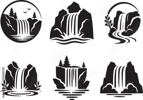 Waterfall Nature Landscape Logo Collection Vector Illustrations