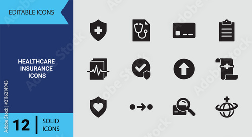 Medical Health Insurance Coverage Solid Symbol Collection Displaying Financial Protection Claims Management