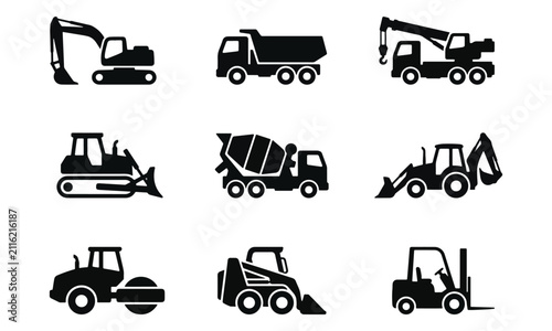 Construction Vehicle Silhouettes and Heavy Machinery Icons