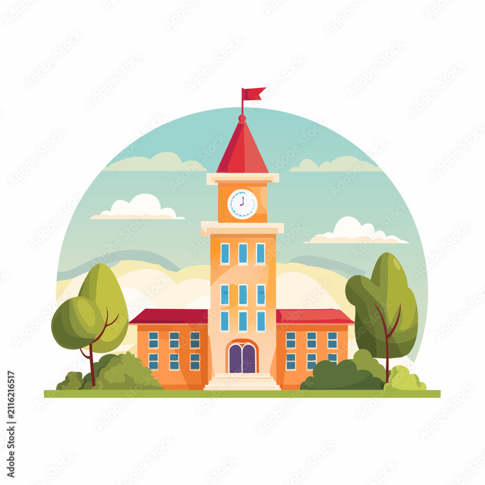 Fototapeta premium Charming School Building with Clock Tower and Nature.