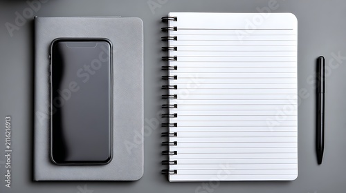 A sleek, professional workspace featuring a smartphone, notepad, and pen on a gray surface.