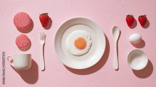A vibrant, colorful breakfast scene featuring a fried egg, strawberries, and a cup of coffee on a pink background.